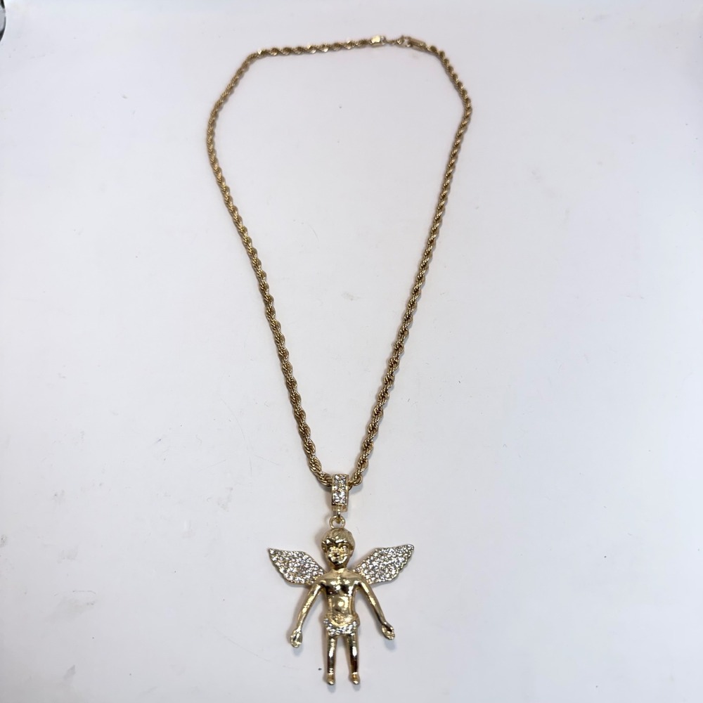 Gold Tone Rhinestone Angel Cherub Pendant Necklace 24 Inch Rope Chain Streetwear